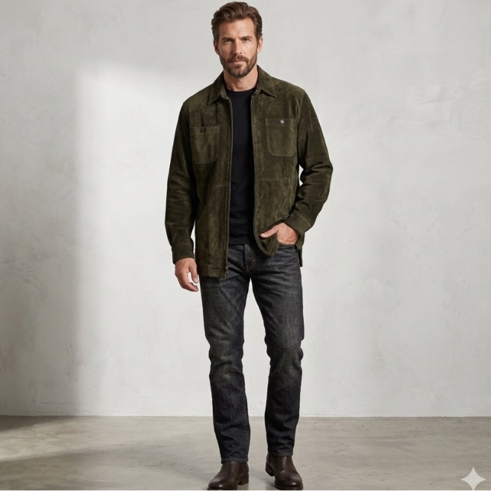 Lauren Ralph Lauren Vintage Suede Green Dark‎ Green Men's Suede Zip-Front Jacket